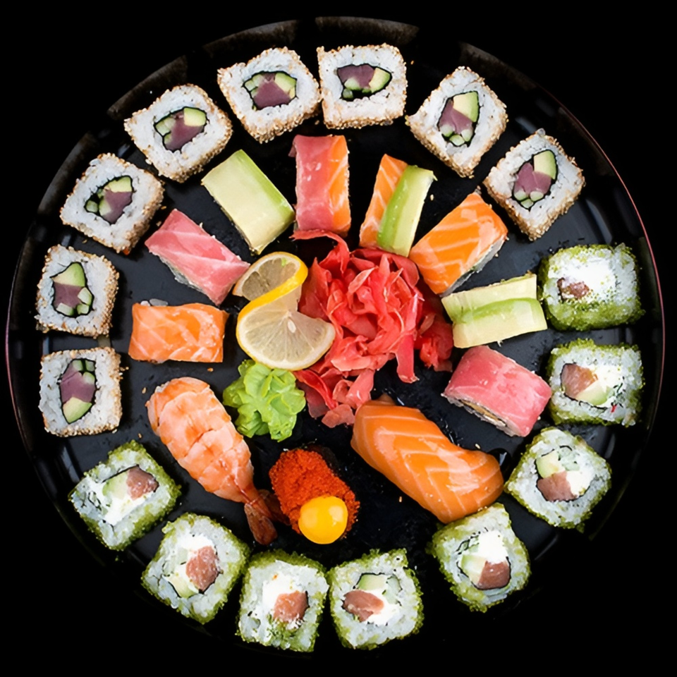 Assorted sushi platter with salmon, tuna, avocado rolls, sashimi, pickled ginger, lime, and wasabi on a black plate.