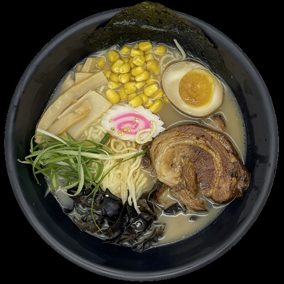 Bowl of ramen in broth topped with sliced pork, corn, bamboo shoots, seaweed, scallions, and a halved soft-boiled egg.