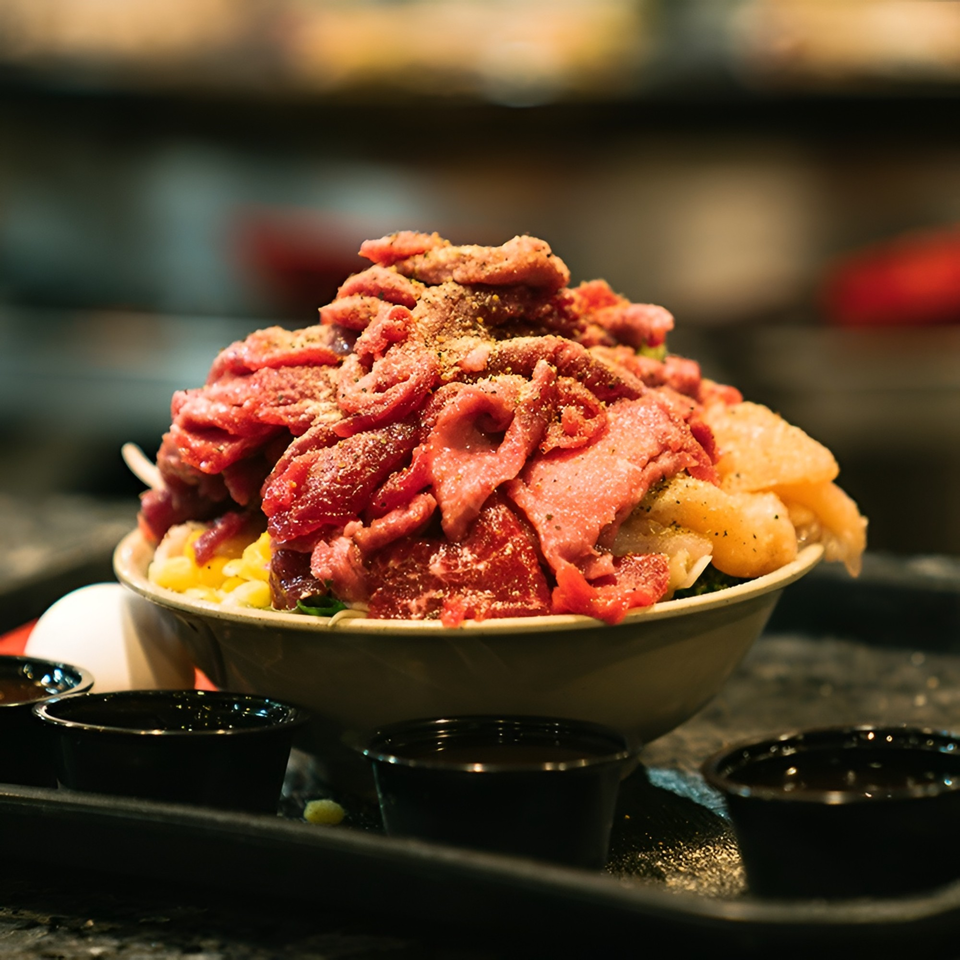 Seasoned raw sliced beef piled high in a bowl with corn, sauces, and an egg.