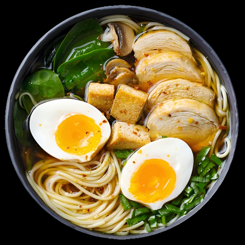 Bowl of ramen topped with sliced pork, halved soft-boiled eggs, noodles, mushrooms, greens, and tofu.